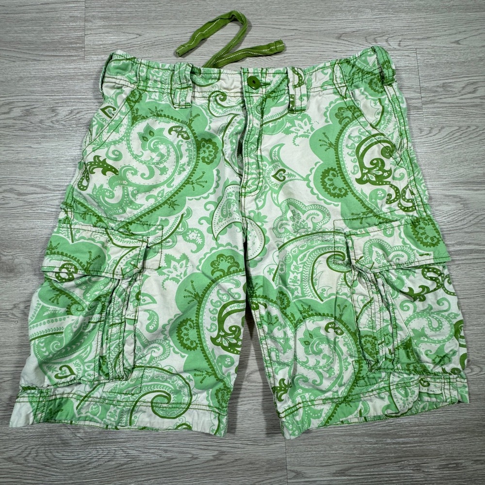 Jet Lag Mens Cargo Shorts Paisley Print Green White Size 38 Cotton Drawstring